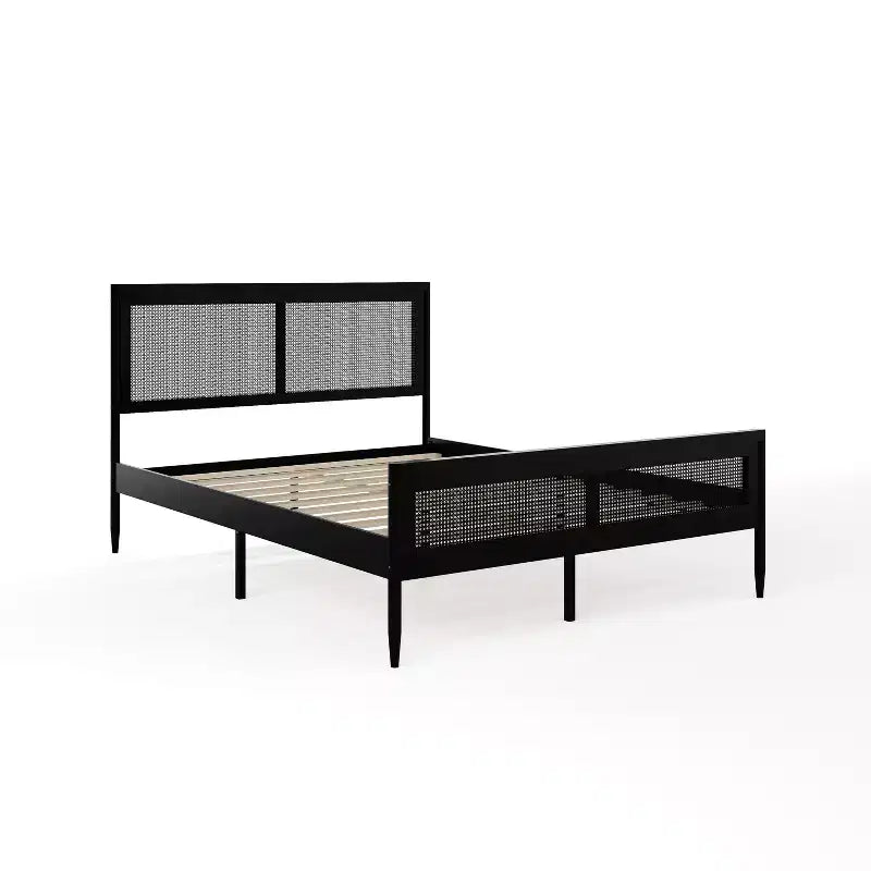 Lit plateforme Martha Stewart Jax en bois massif avec tête et pied de lit en rotin, aucun sommier tapissier requis