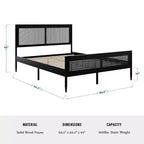 Lit plateforme Martha Stewart Jax en bois massif avec tête et pied de lit en rotin, aucun sommier tapissier requis
