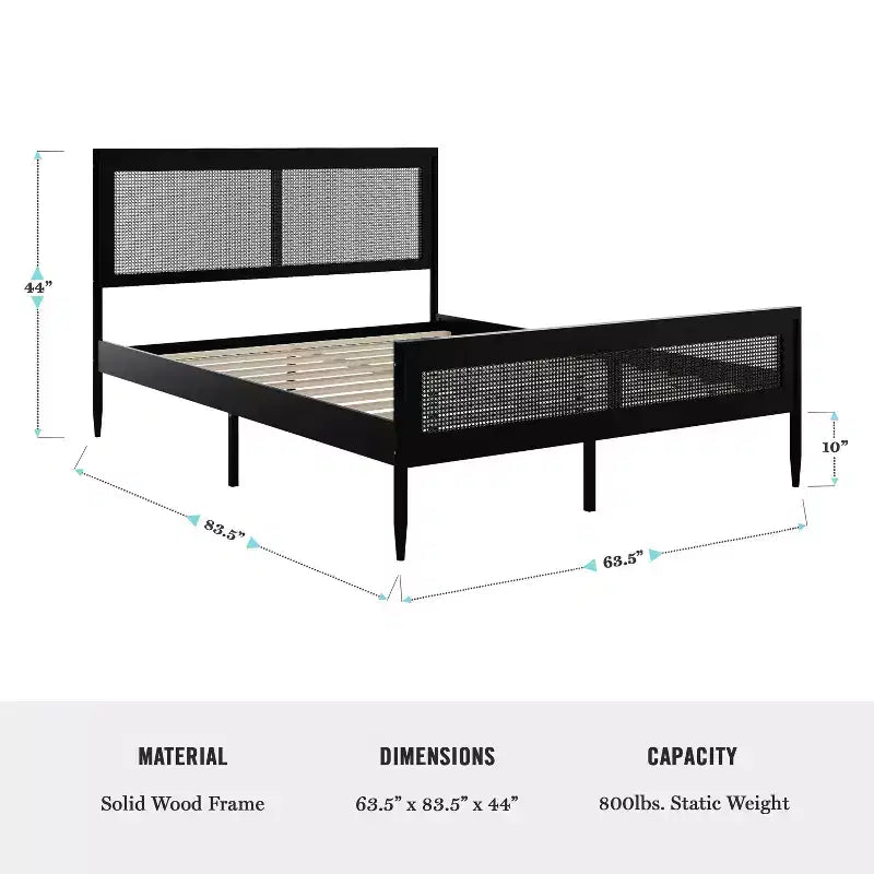 Lit plateforme Martha Stewart Jax en bois massif avec tête et pied de lit en rotin, aucun sommier tapissier requis