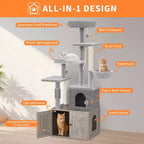 Arbre à chat, Meuble litière dissimulée - Meuble de toilette pour animaux 2 en 1 avec poteaux à griffer en sisal, hamacs, condo, plates-formes multiples pour chats