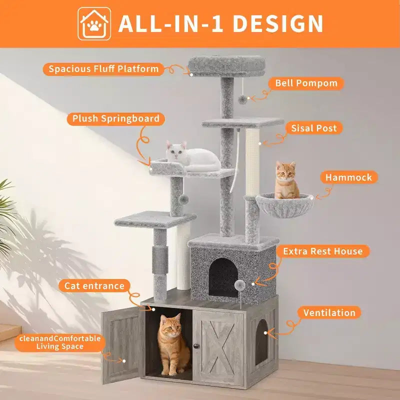 Arbre à chat, Meuble litière dissimulée - Meuble de toilette pour animaux 2 en 1 avec poteaux à griffer en sisal, hamacs, condo, plates-formes multiples pour chats
