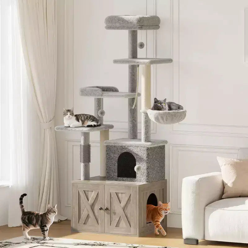Arbre à chat, Meuble litière dissimulée - Meuble de toilette pour animaux 2 en 1 avec poteaux à griffer en sisal, hamacs, condo, plates-formes multiples pour chats