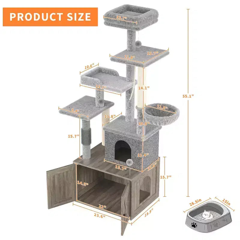 Arbre à chat, Meuble litière dissimulée - Meuble de toilette pour animaux 2 en 1 avec poteaux à griffer en sisal, hamacs, condo, plates-formes multiples pour chats