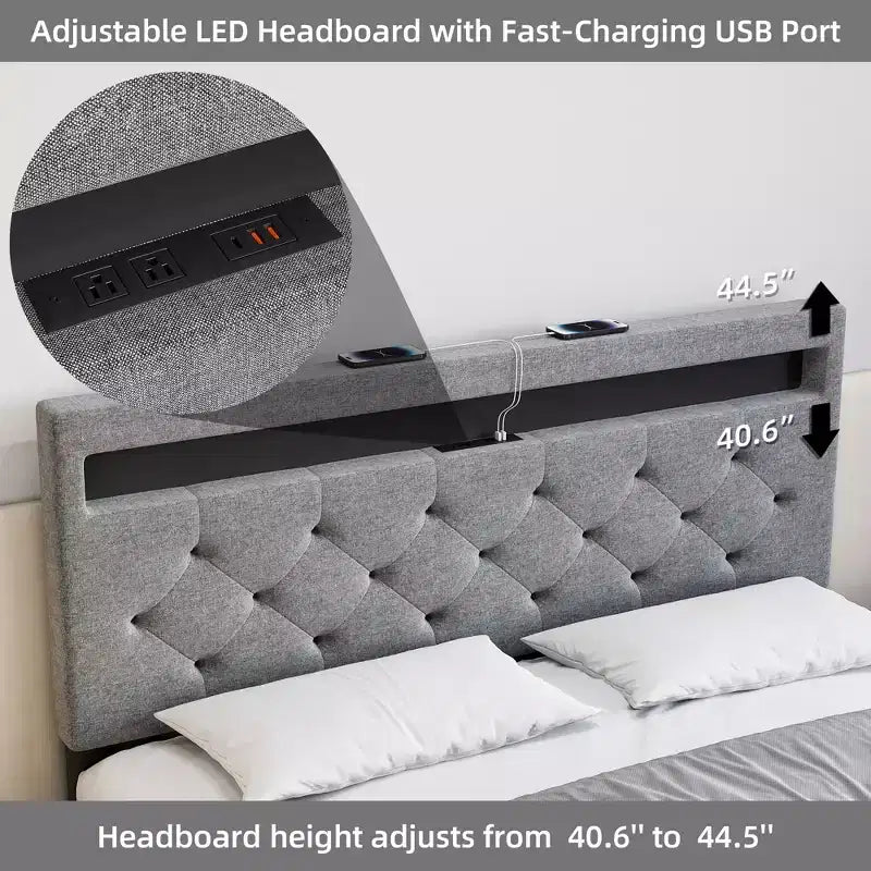 Cadre de lit rembourré COZONY Grand lit/Queen avec tête de lit réglable et station de recharge, aucun sommier tapissier requis
