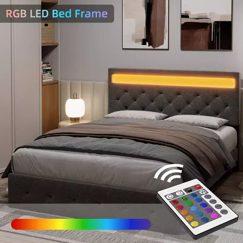 Cadre de lit rembourré COZONY Grand lit/Queen avec tête de lit réglable et station de recharge, aucun sommier tapissier requis
