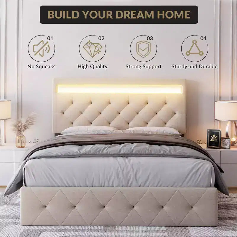 Cadre de lit rembourré COZONY Grand lit/Queen avec tête de lit réglable et station de recharge, aucun sommier tapissier requis