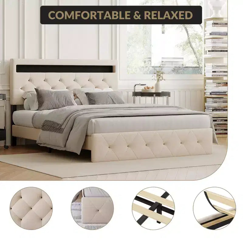 Cadre de lit rembourré COZONY Grand lit/Queen avec tête de lit réglable et station de recharge, aucun sommier tapissier requis