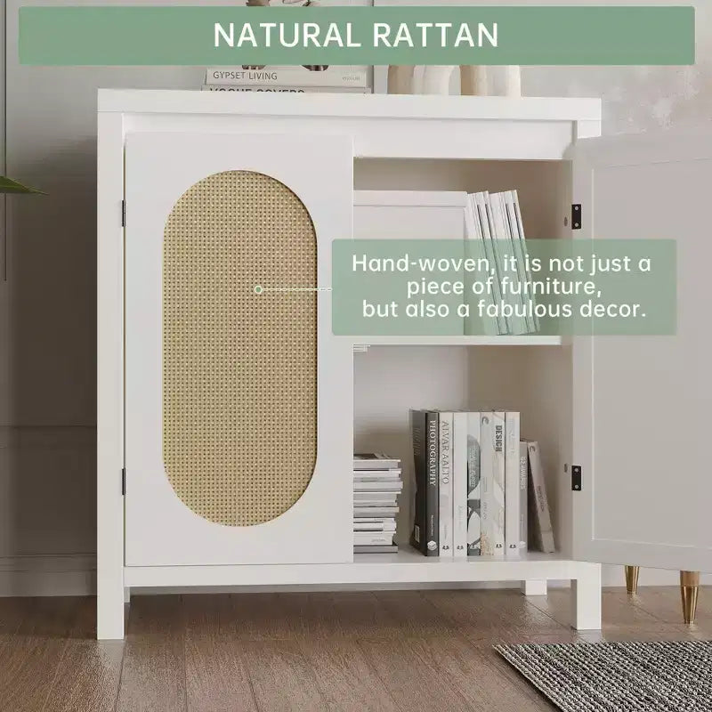 Meuble de rangement en rotin GustoWave avec portes tissées en PVC, buffet en bois avec étagère réglable, meuble de bar à café en bois