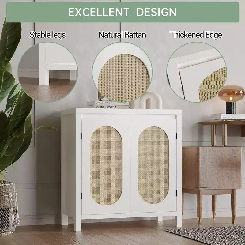 Meuble de rangement en rotin GustoWave avec portes tissées en PVC, buffet en bois avec étagère réglable, meuble de bar à café en bois