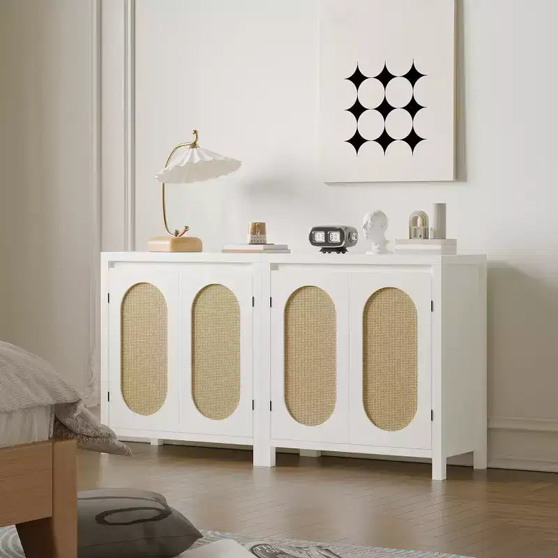 Meuble de rangement en rotin GustoWave avec portes tissées en PVC, buffet en bois avec étagère réglable, meuble de bar à café en bois