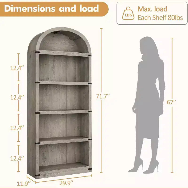 Étagère Arches 5 Niveaux 180 cm avec Grand Espace de Rangement, Bibliothèque de Style Mid-Century Moderne pour Salon, Chambre et Bureau