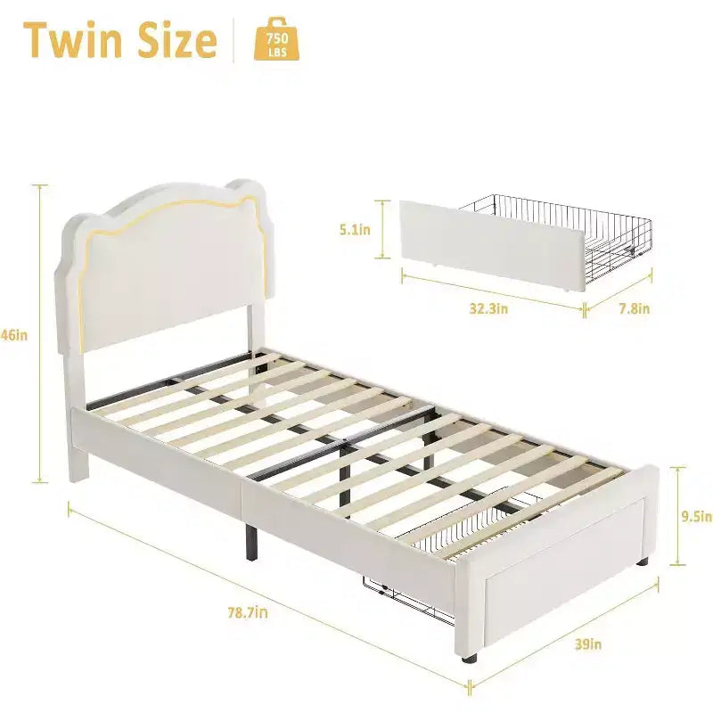 Lit double intelligent avec LED - Tête de lit réglable, plateforme recouverte de velours, sans sommier, lattes en bois