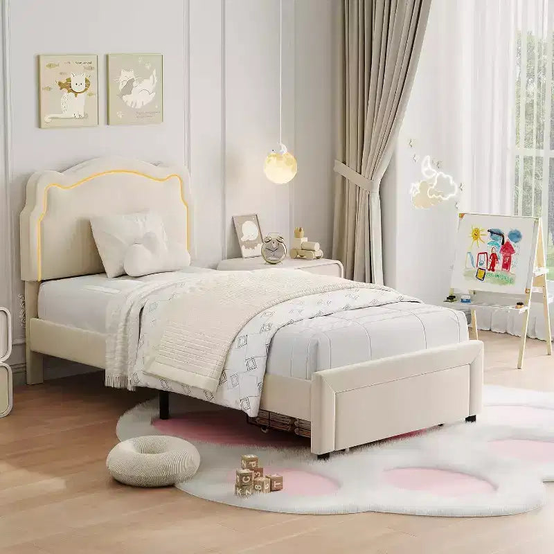 Lit double intelligent avec LED - Tête de lit réglable, plateforme recouverte de velours, sans sommier, lattes en bois