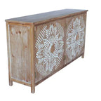 Meuble d'appoint antique Okak 60 pouces, buffet rustique en bois avec quatre portes à motifs sculptés, armoire de rangement pour la cuisine, la salle à manger