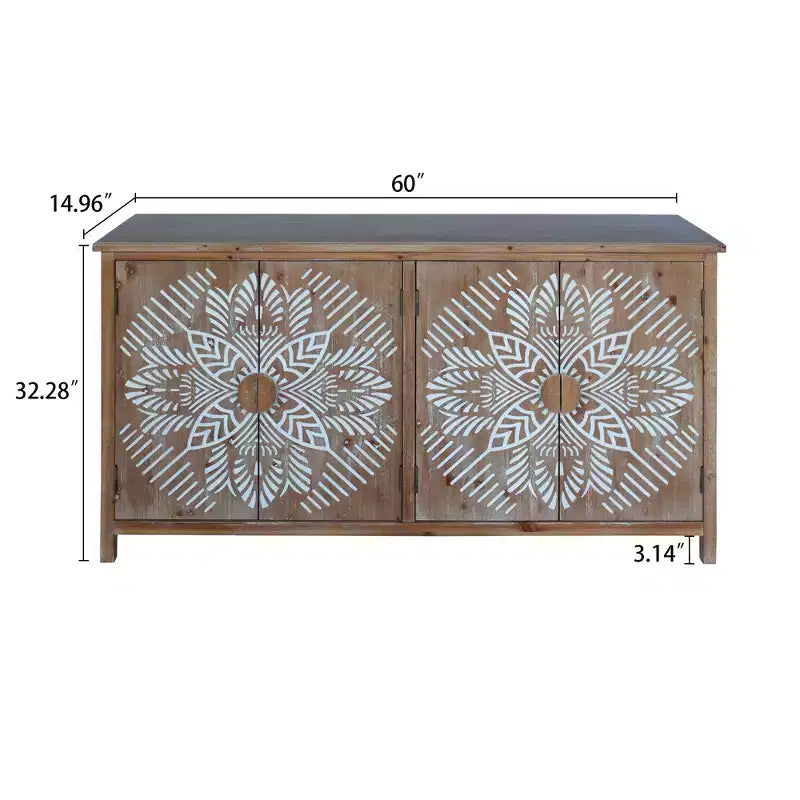 Meuble d'appoint antique Okak 60 pouces, buffet rustique en bois avec quatre portes à motifs sculptés, armoire de rangement pour la cuisine, la salle à manger