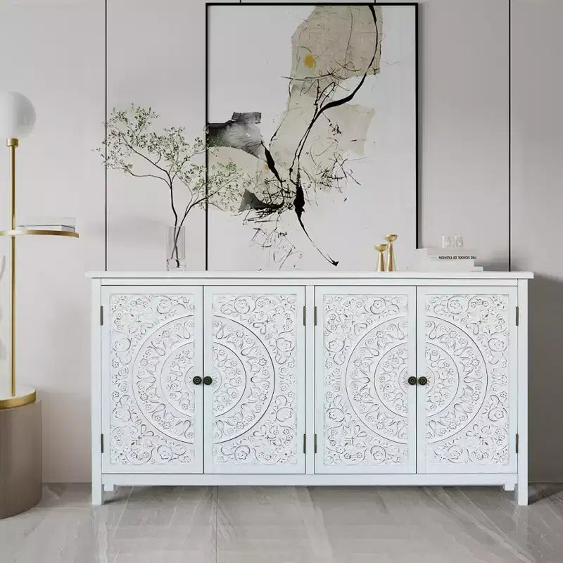Meuble d'appoint antique Okak 60 pouces, buffet rustique en bois avec quatre portes à motifs sculptés, armoire de rangement pour la cuisine, la salle à manger
