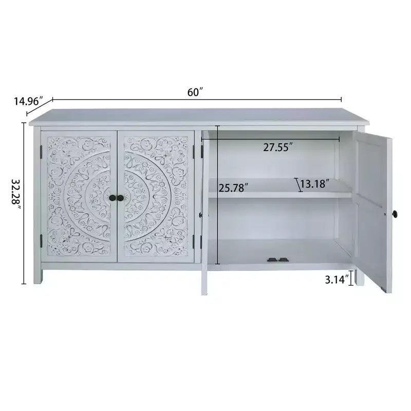 Meuble d'appoint antique Okak 60 pouces, buffet rustique en bois avec quatre portes à motifs sculptés, armoire de rangement pour la cuisine, la salle à manger