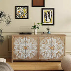 Meuble d'appoint antique Okak 60 pouces, buffet rustique en bois avec quatre portes à motifs sculptés, armoire de rangement pour la cuisine, la salle à manger
