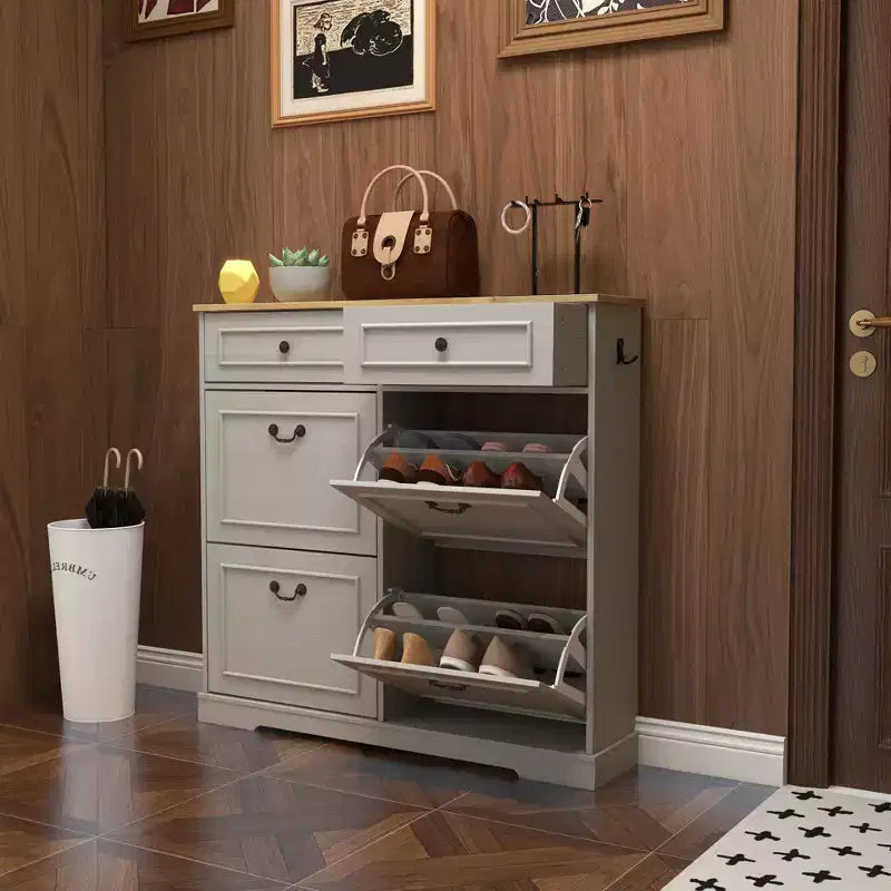Meuble à chaussures Okak, Organiseur de chaussures avec 3 tiroirs basculants et 1 tiroir simple, Étagère à chaussures autoportante pour entrée, salon, couloir