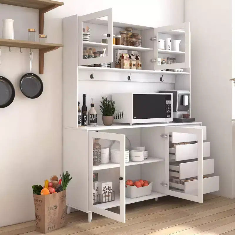 Meubles de rangement Okak 63 po, armoire de cuisine autoportante avec 4 portes et 4 tiroirs, meuble de rangement pour salon, salle à manger