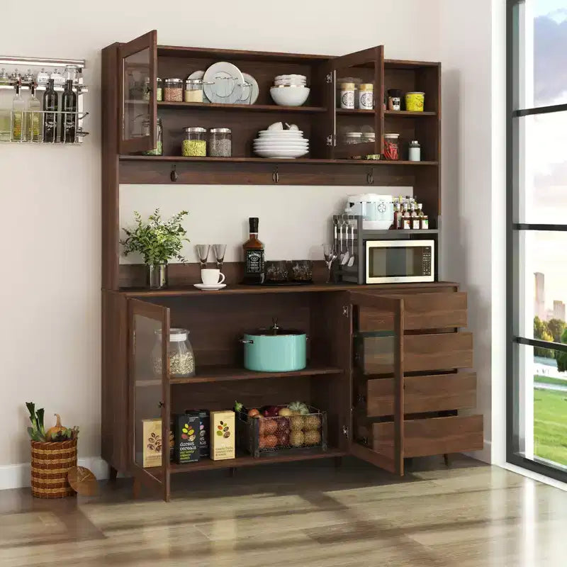 Meubles de rangement Okak 63 po, armoire de cuisine autoportante avec 4 portes et 4 tiroirs, meuble de rangement pour salon, salle à manger