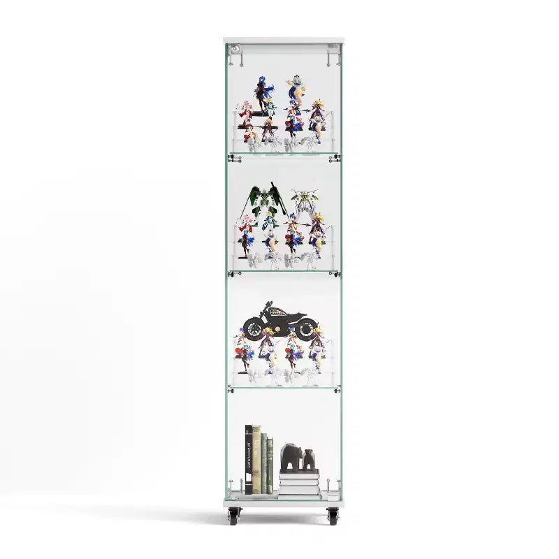 Meuble vitrine Okak, armoire de rangement à 4 niveaux avec 1 porte et roulettes, meuble autoportant pour salon, couloir et bureau