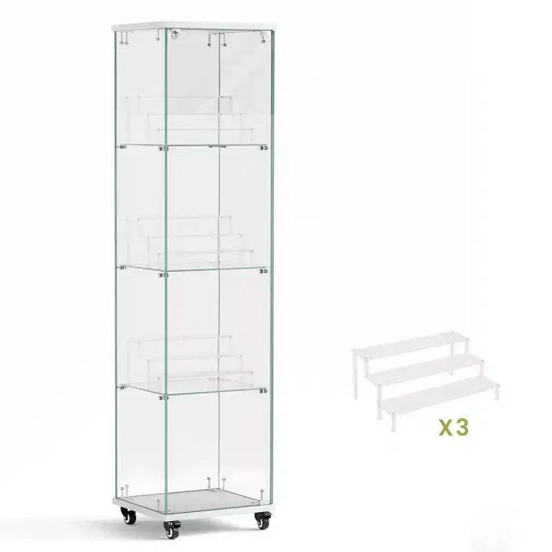 Meuble vitrine Okak, armoire de rangement à 4 niveaux avec 1 porte et roulettes, meuble autoportant pour salon, couloir et bureau