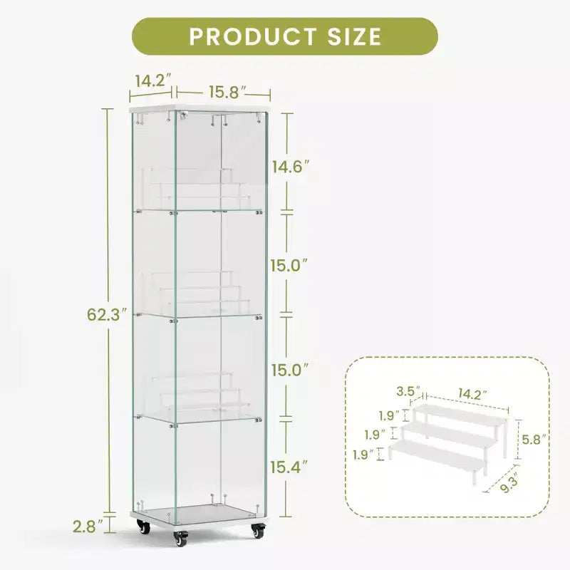 Meuble vitrine Okak, armoire de rangement à 4 niveaux avec 1 porte et roulettes, meuble autoportant pour salon, couloir et bureau