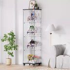 Meuble vitrine Okak, armoire de rangement à 4 niveaux avec 1 porte et roulettes, meuble autoportant pour salon, couloir et bureau