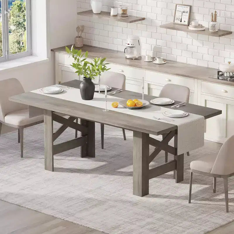Table à manger en bois pour 6-8 personnes, table de cuisine longue de 180 cm avec pieds robustes, table de salle à manger rectangulaire de style ferme pour salle à manger, salon