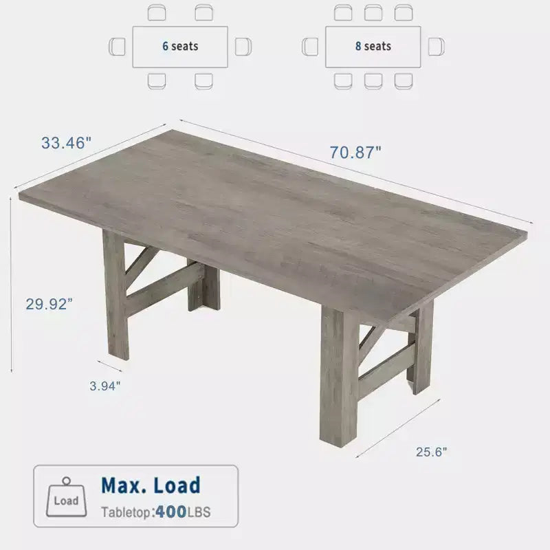 Table à manger en bois pour 6-8 personnes, table de cuisine longue de 180 cm avec pieds robustes, table de salle à manger rectangulaire de style ferme pour salle à manger, salon