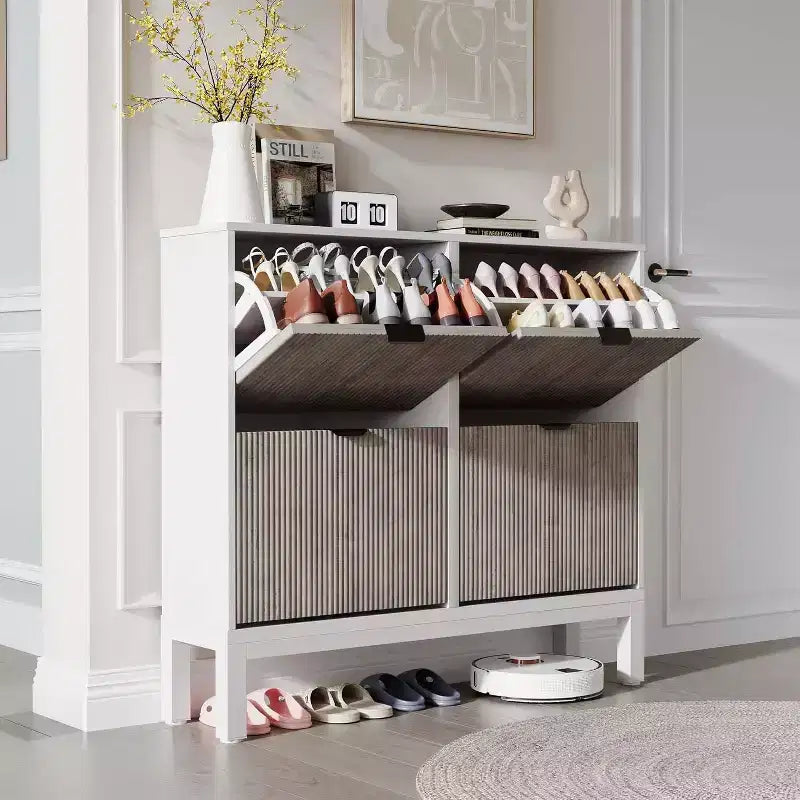 Meuble à chaussures cannelé COZONY avec tiroirs basculants, Organisateur de rangement étroit moderne pour entrée, Étagère à chaussures sur pied de style ferme pour porte d'entrée