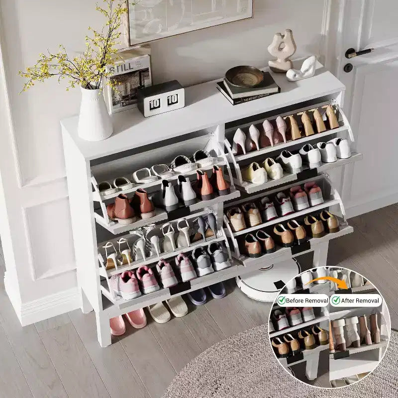 Meuble à chaussures cannelé COZONY avec tiroirs basculants, Organisateur de rangement étroit moderne pour entrée, Étagère à chaussures sur pied de style ferme pour porte d'entrée
