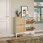 Meuble à chaussures cannelé COZONY avec tiroirs basculants, Organisateur de rangement étroit moderne pour entrée, Étagère à chaussures sur pied de style ferme pour porte d'entrée