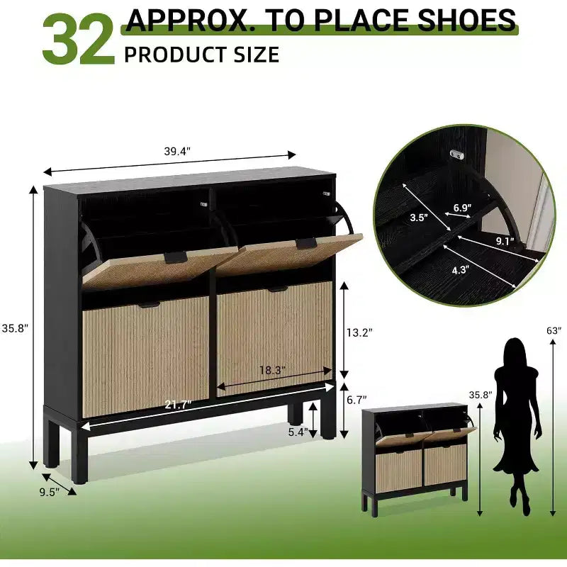Meuble à chaussures cannelé COZONY avec tiroirs basculants, Organisateur de rangement étroit moderne pour entrée, Étagère à chaussures sur pied de style ferme pour porte d'entrée