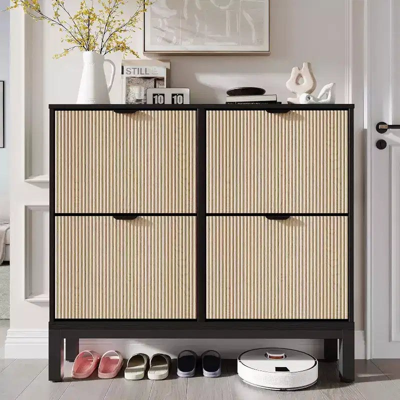 Meuble à chaussures cannelé COZONY avec tiroirs basculants, Organisateur de rangement étroit moderne pour entrée, Étagère à chaussures sur pied de style ferme pour porte d'entrée