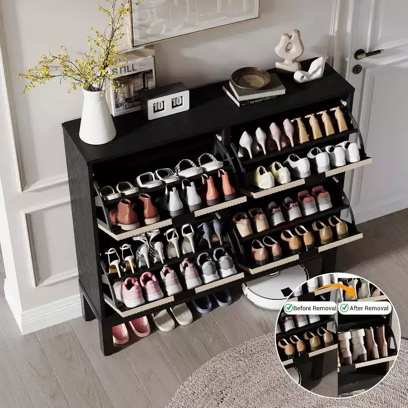 Meuble à chaussures cannelé COZONY avec tiroirs basculants, Organisateur de rangement étroit moderne pour entrée, Étagère à chaussures sur pied de style ferme pour porte d'entrée