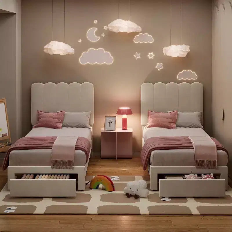 Cadre de lit simple en velours beige avec tiroir de rangement, tête de lit, lattes, sans sommier, silencieux, montage facile