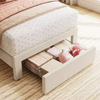 Cadre de lit simple en velours beige avec tiroir de rangement, tête de lit, lattes, sans sommier, silencieux, montage facile