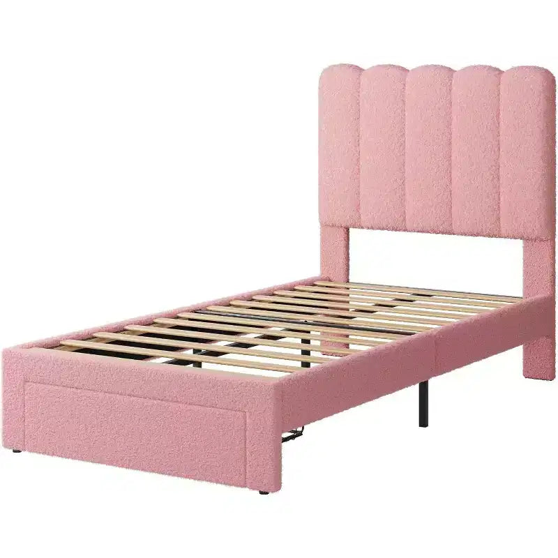 Cadre de lit simple en velours beige avec tiroir de rangement, tête de lit, lattes, sans sommier, silencieux, montage facile