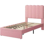 Cadre de lit simple en velours beige avec tiroir de rangement, tête de lit, lattes, sans sommier, silencieux, montage facile