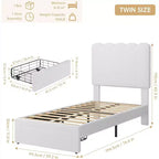 Cadre de lit simple en velours beige avec tiroir de rangement, tête de lit, lattes, sans sommier, silencieux, montage facile