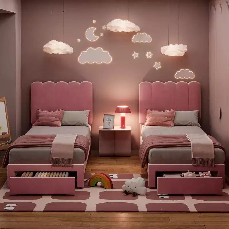 Cadre de lit simple en velours beige avec tiroir de rangement, tête de lit, lattes, sans sommier, silencieux, montage facile