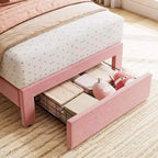 Cadre de lit simple en velours beige avec tiroir de rangement, tête de lit, lattes, sans sommier, silencieux, montage facile