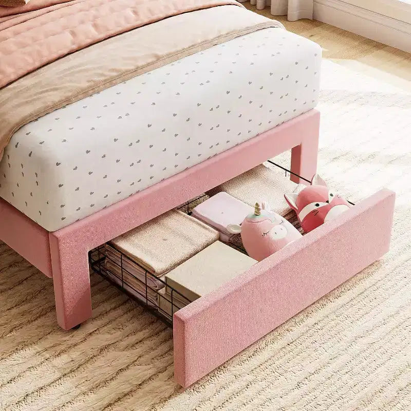 Cadre de lit simple en velours beige avec tiroir de rangement, tête de lit, lattes, sans sommier, silencieux, montage facile