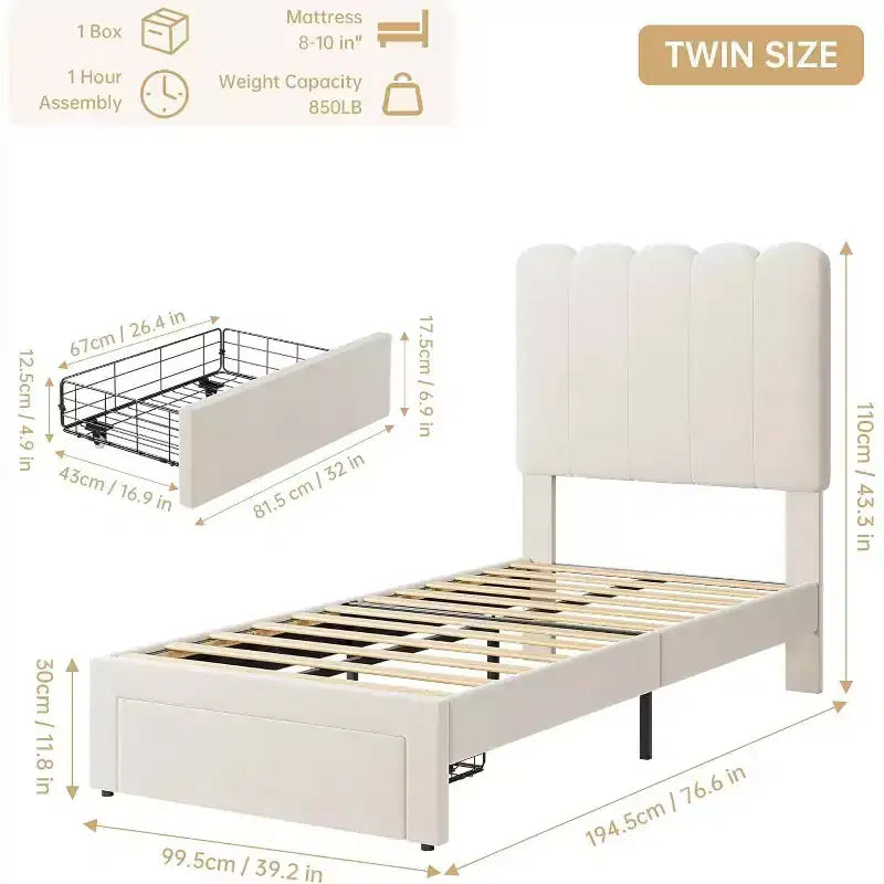 Cadre de lit simple en velours beige avec tiroir de rangement, tête de lit, lattes, sans sommier, silencieux, montage facile