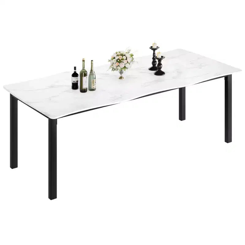 Table à manger rectangulaire 71 / 78 pour 6-8 personnes avec bord irrégulier ondulé et cadre en métal, imperméable et résistant aux rayures, polyvalente pour manger/travailler/étudier
