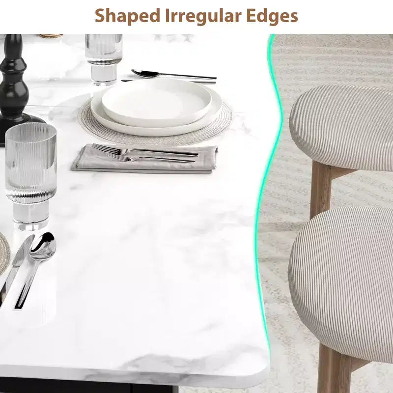 Table à manger rectangulaire 71 / 78 pour 6-8 personnes avec bord irrégulier ondulé et cadre en métal, imperméable et résistant aux rayures, polyvalente pour manger/travailler/étudier