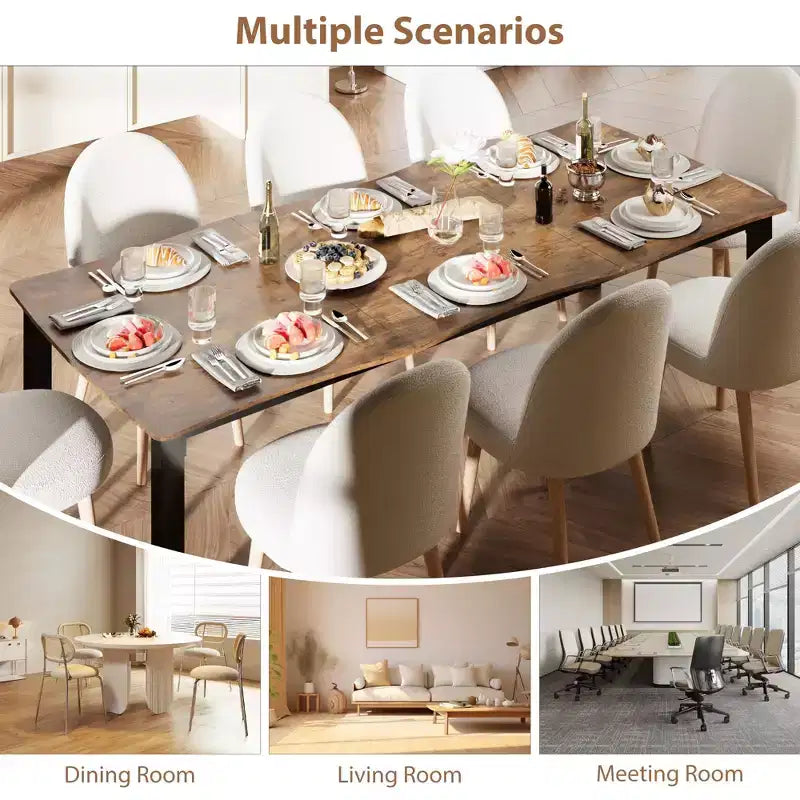 Table à manger rectangulaire 71 / 78 pour 6-8 personnes avec bord irrégulier ondulé et cadre en métal, imperméable et résistant aux rayures, polyvalente pour manger/travailler/étudier