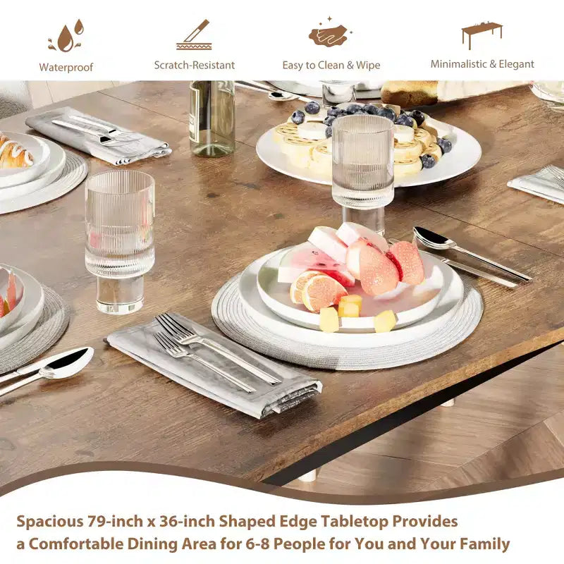 Table à manger rectangulaire 71 / 78 pour 6-8 personnes avec bord irrégulier ondulé et cadre en métal, imperméable et résistant aux rayures, polyvalente pour manger/travailler/étudier
